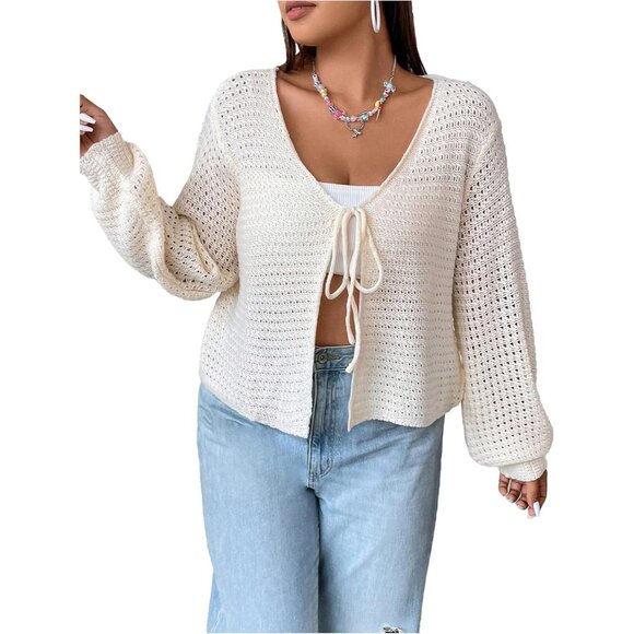 Sweaters - Women's Plus Size Crochet Front Tie Cardigan Lightweight Knit Fall Wear
